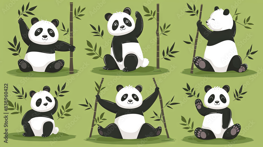 Cartoon illustration of panda yoga set of yoga poses, green background Cartoon illustration of panda yoga set of yoga poses, green background