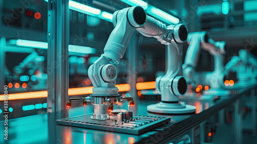 Advanced robot arms in smart industry streamline digital factory production, exemplifying automation in the Industry 4.0 era. Integrated with IoT software, they efficiently manage operations