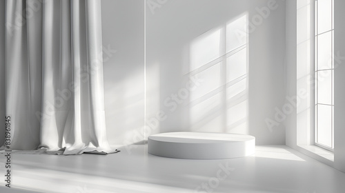 Abstract white empty room with round podium. 3d rendering illustration,white product background or empty blank space room design and window light minimal shadow display platform stage on interior 
.