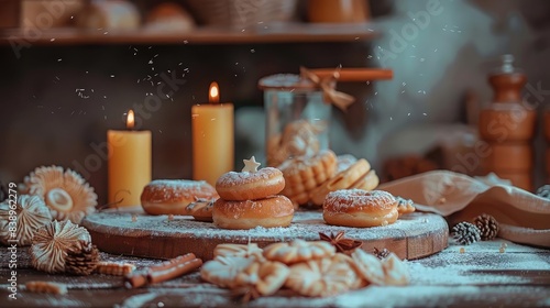 Cozy rustic still life with homemade doughnuts, cookies, candles, and spices on a wooden table, evoking warm autumn and winter vibes. © PBMasterDesign