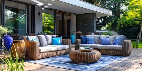 Outdoor rattan furniture set with couches armchairs and double seat sofas. Concept Rattan Furniture, Outdoor Decor, Seating Arrangement, Home Furnishings, Outdoor Lounge photo