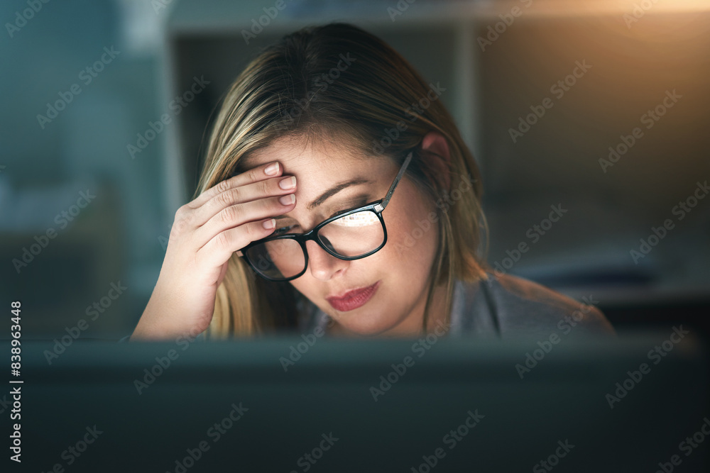 Business woman, headache and night with stress in financial crisis, anxiety or burnout at office. Frustrated female person or employee with migraine in depression, debt or working late for deadline Business woman, headache and night with stress in financial crisis, anxiety or burnout at office. Frustrated female person or employee with migraine in depression, debt or working late for deadline