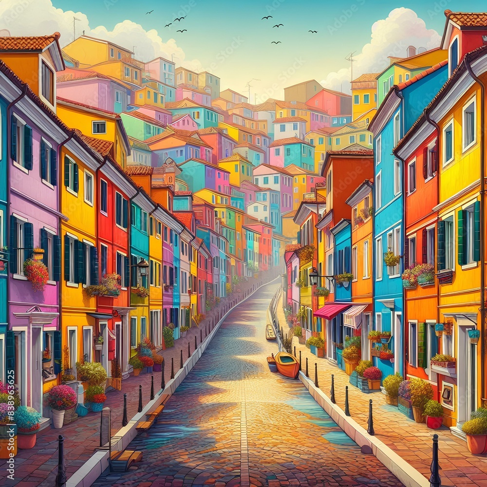 Naklejka premium Colorful street full of houses of all colors illustration background.