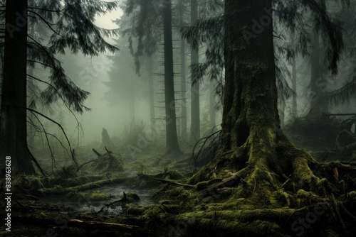 Enchanted and mystical forest mist with foggy woods, green moss, and ethereal atmosphere creating a haunting and spooky landscape in a tranquil and serene natural habitat