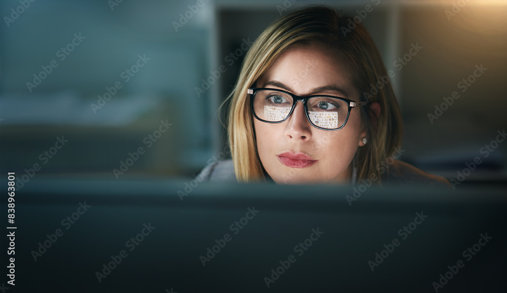 Computer, thinking and glasses of woman at night for reading email, planning and working in office. Professional, career and female receptionist for administration, research deadline or information Computer, thinking and glasses of woman at night for reading email, planning and working in office. Professional, career and female receptionist for administration, research deadline or information