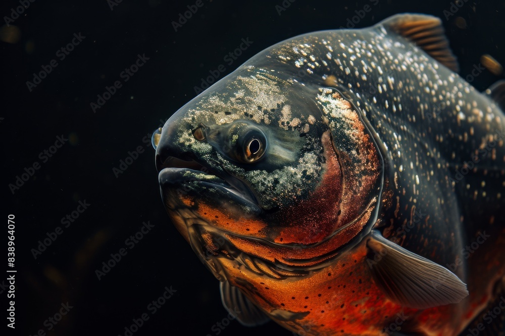 Obraz premium Mystic portrait of Piranha, copy space on right side, Anger, Menacing, Headshot, Close-up View Isolated on black background