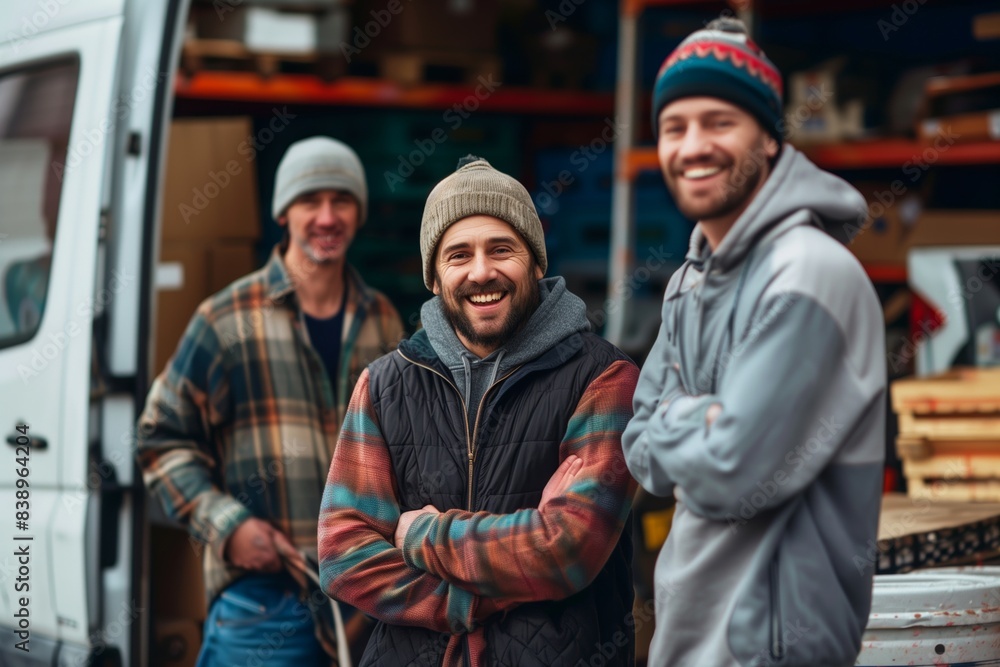 Family business workers by van: teamwork at commercial vehicle. Family business workers by van: teamwork at commercial vehicle.