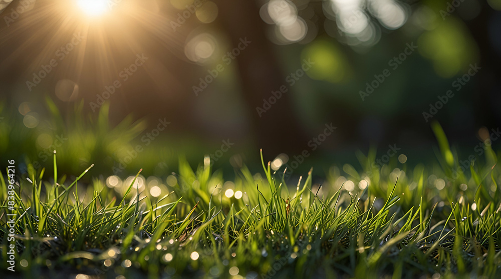 Naklejka premium natural grass background with blurred bokeh and sun,Generative.Ai
