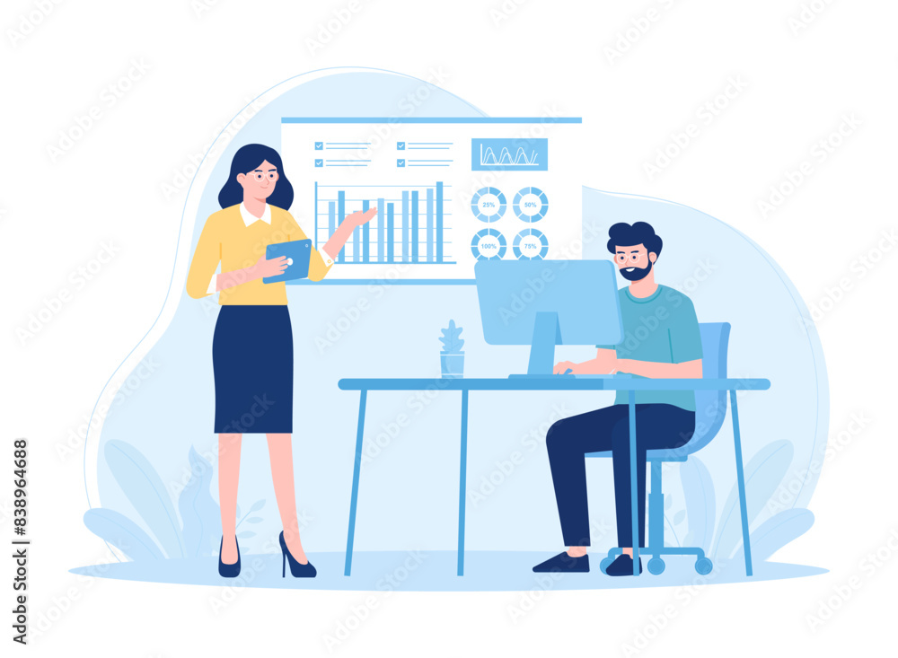 Employees analyze stock market and financial charts concept flat illustration