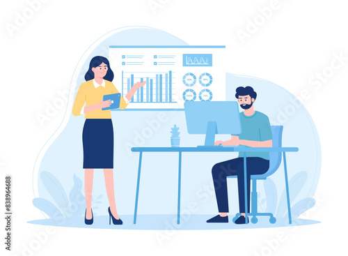 Employees analyze stock market and financial charts concept flat illustration
