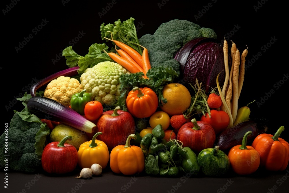 Array of colorful fresh vegetables artistically arranged against a dark backdrop Array of colorful fresh vegetables artistically arranged against a dark backdrop