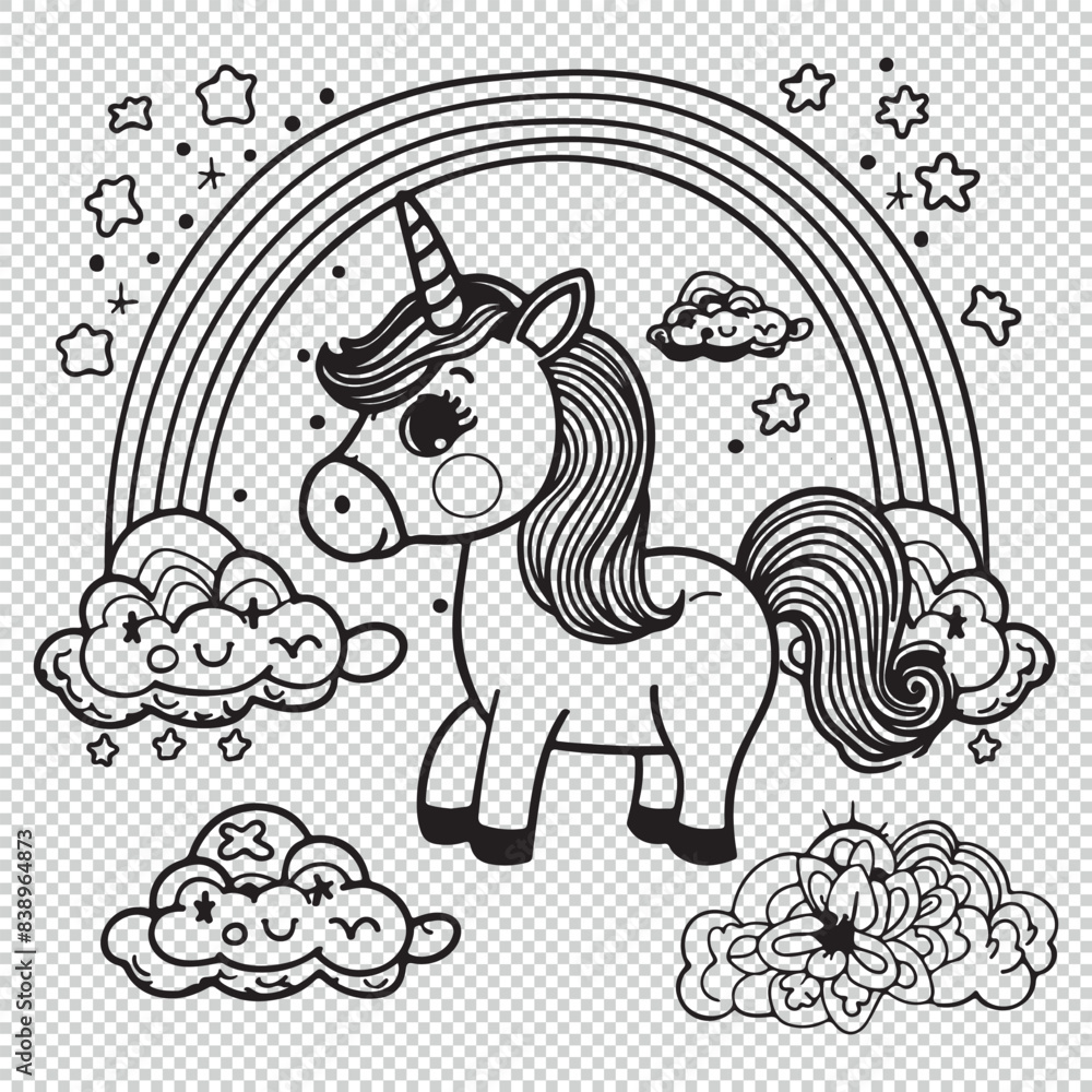 Fototapeta premium Cute unicorn design for kids coloring pages, vector illustration on transparent background
