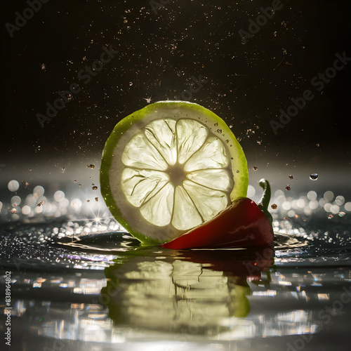 A one green lemon slice and red pepper steals with water droplets shimmer