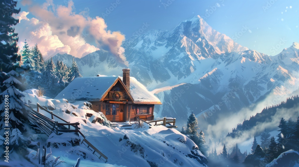 A cozy alpine chalet nestled amid snowy peaks with smoke rising from its chimney into the crisp mountain air. A cozy alpine chalet nestled amid snowy peaks with smoke rising from its chimney into the crisp mountain air.
