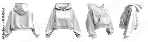 Set of white woman cropped hoodie hoody oversized Drop Shoulder sweatshirt jumper sweater long sleeve, front back side on transparent cutout PNG. Mockup template for artwork design

