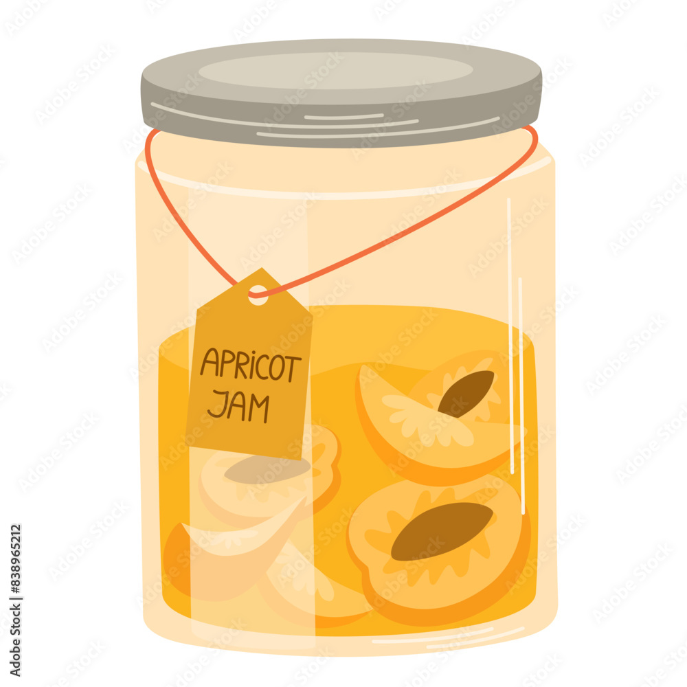 Apricot jam. Homemade marmalade, jelly preserve. Berry confiture. Natural dessert, sweet food. Flat vector illustration isolated on white background Apricot jam. Homemade marmalade, jelly preserve. Berry confiture. Natural dessert, sweet food. Flat vector illustration isolated on white background