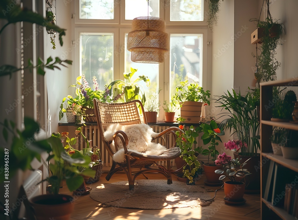 Fototapeta premium cozy room with a big window, white walls and a wooden floor, lots of plants in pots around a chair, warm light hanging from the ceiling, spring outside, photo taken in the style of Canon eos r5,