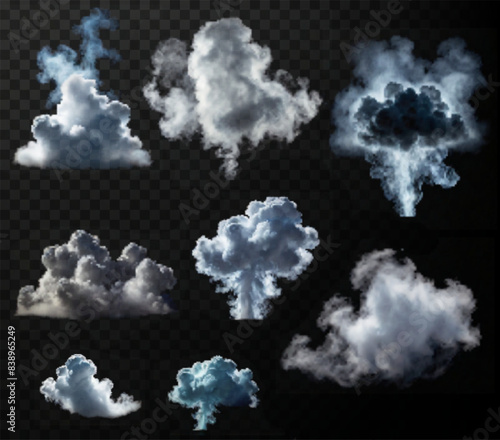 Vector isolated smoke PNG. White smoke texture on a transparent black background. Special effect of steam, smoke, fog, clouds.