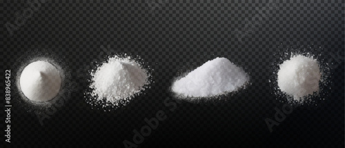 Design element for kitchen, bakery, advertising, video. Powder sugar explosion or splash png, falling flour, salt powder falling gently. Top view 3d effect	
