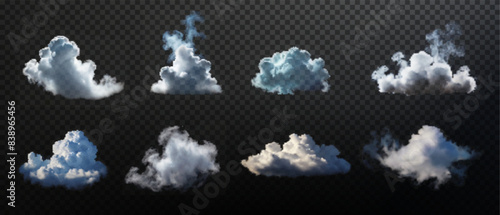 Vector isolated smoke PNG. White smoke texture on a transparent black background. Special effect of steam, smoke, fog, clouds.