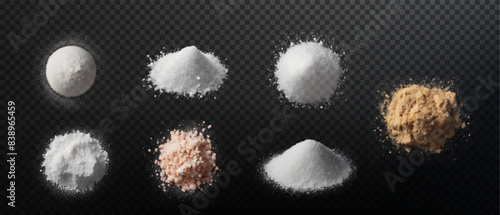 Design element for kitchen, bakery, advertising, video. Powder sugar explosion or splash png, falling flour, salt powder falling gently. Top view 3d effect	
