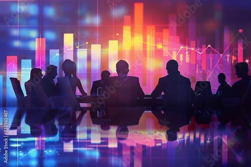 Business meeting in a vector illustration with operations benchmarking data displayed against a blurred abstract stock graph background