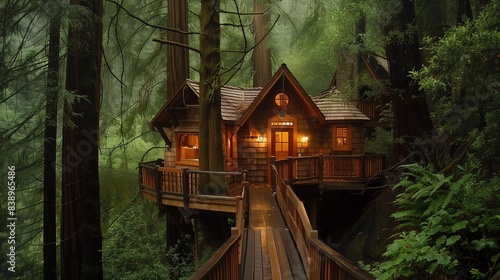 A cozy treehouse retreat nestled among the branches of towering redwoods in a tranquil forest.