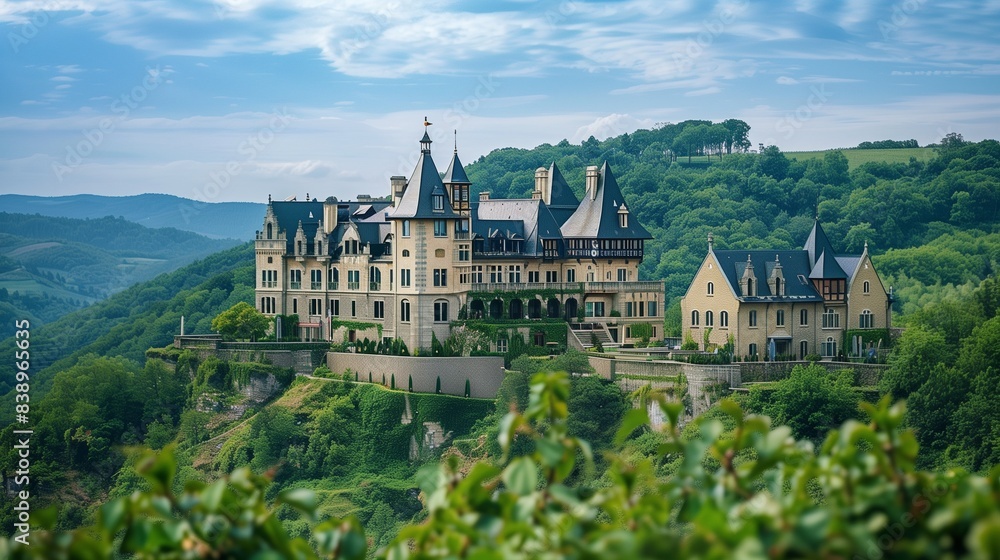 A hilltop castle converted into a luxurious hotel with sweeping views of the countryside.