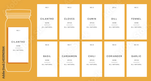 kitchen pantry labels premade design template for herbs and spices, grain and cereals. cooking ingredient organizing printable stickers for jars 