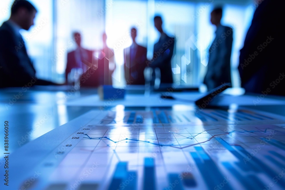 Business professionals in a strategic vector illustration meeting with a blurred stock graph chart highlighting benchmarking data Business professionals in a strategic vector illustration meeting with a blurred stock graph chart highlighting benchmarking data