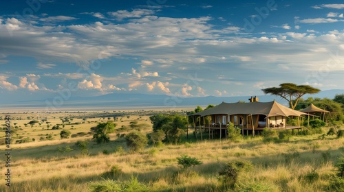 A luxurious safari lodge with canvas tents and wildlife viewing decks overlooking the savanna.