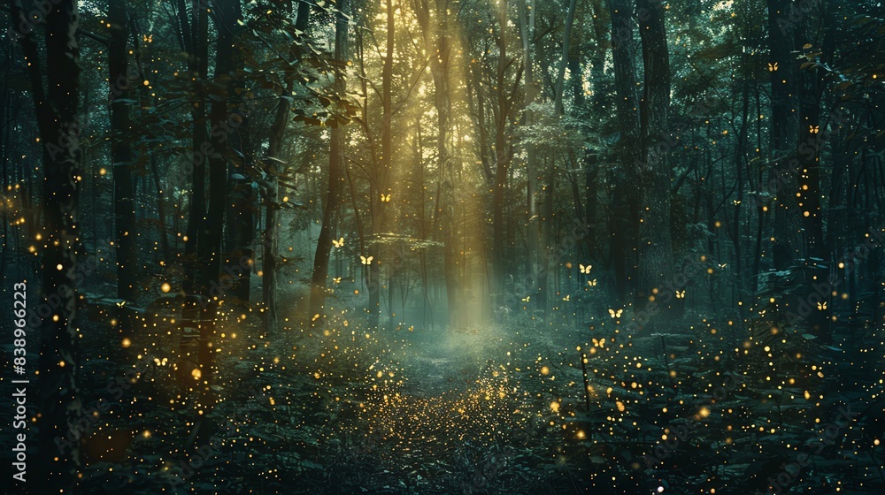 Dense Magic Forest Illuminated by Ethereal Light and fireflies, creating a mystical and enchanting atmosphere Dense Magic Forest Illuminated by Ethereal Light and fireflies, creating a mystical and enchanting atmosphere