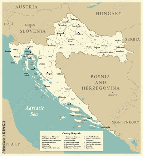 Croatia - detailed map with administrative divisions and capitals of countries. Vector illustration