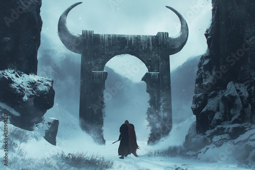 Viking goes through a huge gate with horns to Valhalla photo