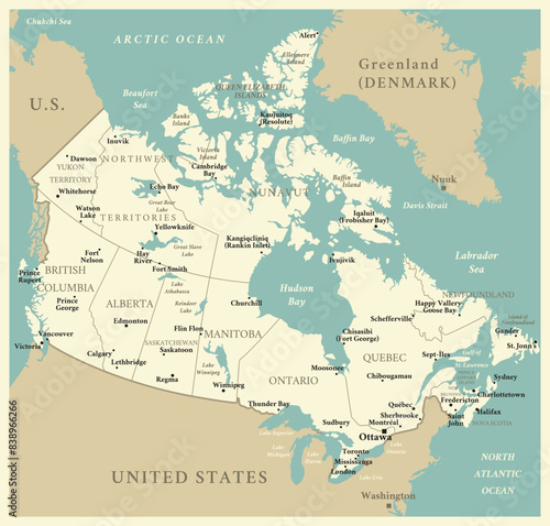 Canada - detailed map with administrative divisions and capitals of countries. Vector illustration
