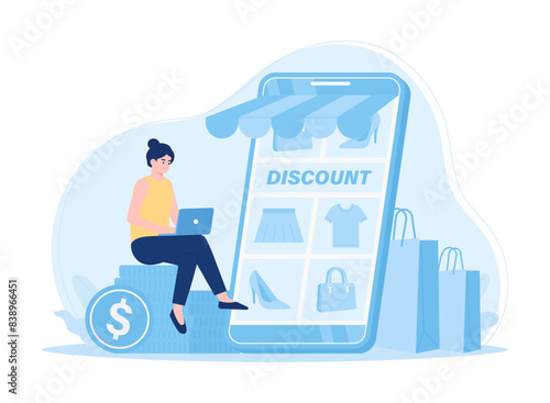 Girl sitting with laptop shopping online via laptop concept flat illustration
