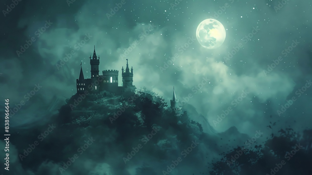 Fototapeta premium Enchanted Magic Castle on a Hill glowing under the moonlight, surrounded by a magical aura