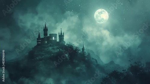 Enchanted Magic Castle on a Hill glowing under the moonlight, surrounded by a magical aura