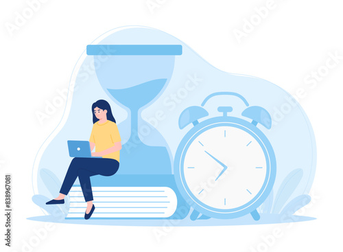Time management  woman sitting with laptop working on time concept flat illustration