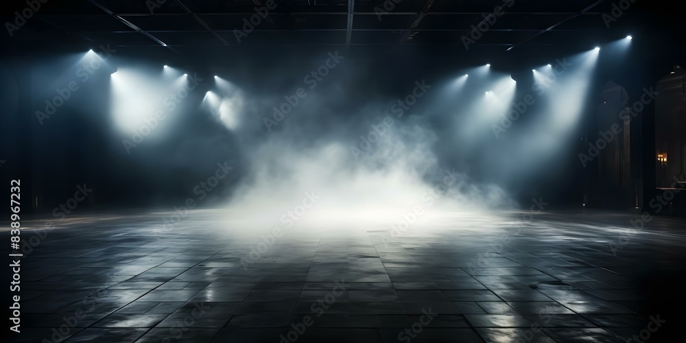 Fototapeta premium Dark room with concrete floor fog and spotlight night street background. Concept Urban Street Photography, Night Scene, Spotlight Effects, Atmospheric Portraits, Concrete Jungle