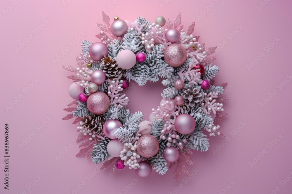 Festive Christmas Wreath Adorned with Red Baubles and Pine Cones on Pink Background Festive Christmas Wreath Adorned with Red Baubles and Pine Cones on Pink Background