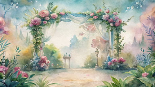 Watercolor background featuring floral arch decorations © Fauzi Arts