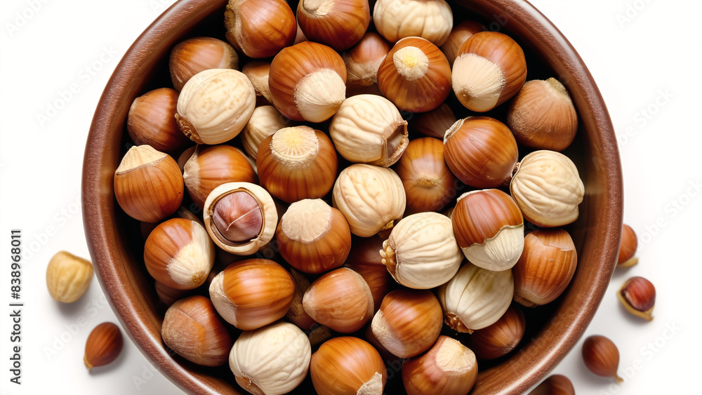  pile hazelnuts on bowl on top view
