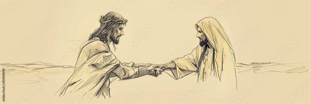 Obraz premium Jesus' Promise to the Repentant Thief on the Cross, Biblical Illustration of Mercy and Salvation, Ideal for Religious Banner,Christian banner
