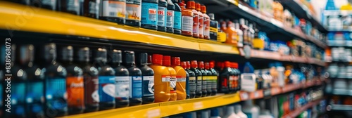 A close-up shot of several shelves in an auto parts store filled with various automotive products. The shelves are stocked with bottles and cans  ready for sale