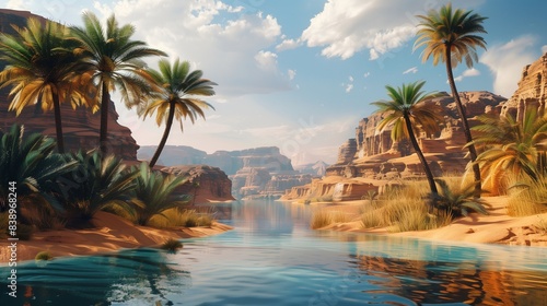 A remote desert oasis with palm trees, a shimmering pool, and sandstone cliffs rising in the distance.