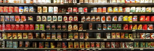 A neatly organized grocery store aisle stocked with rows of canned food products photo