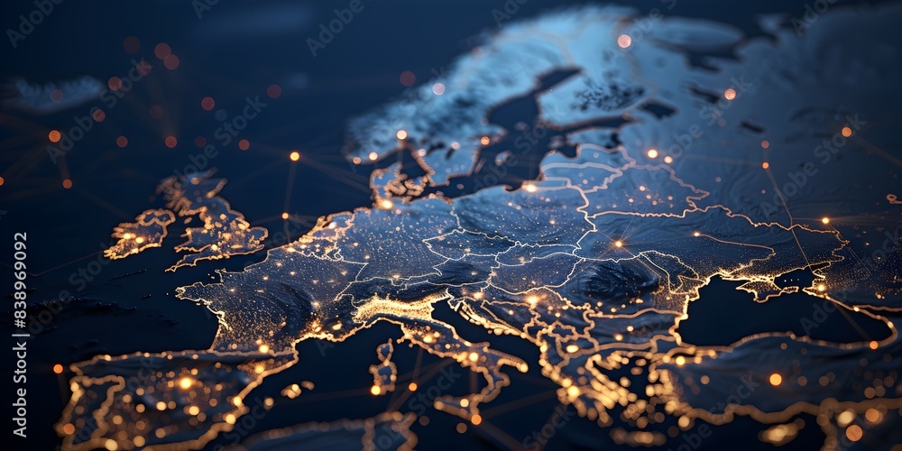 A map of Europe with glowing connections between cities representing global network and connectivity, symbolizing the telecommunication landscape in europe
A map of Europe with glowing connections between cities representing global network and connectivity, symbolizing the telecommunication landscape in europe