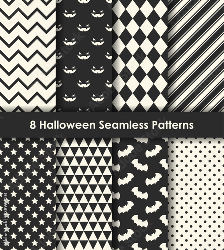 Set of 8 Halloween Seamless Patterns in Black and White. For wrapping paper, scrapbooking, fabric, background, package design, etc..