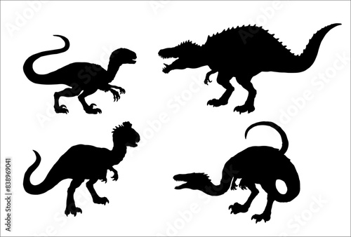 Black silhouette of carnivorous dinosaurs. Velociraptor, Acrocanthosaurus, Crylophosaurus and Coelophysis. Vector illustration.	 photo